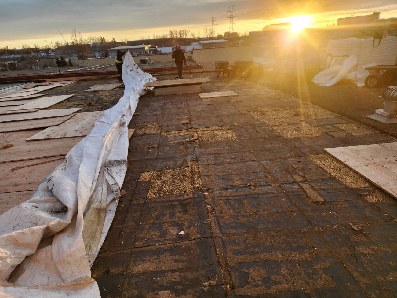 Torch-on base sheet work at sunset on a Calgary flat roof